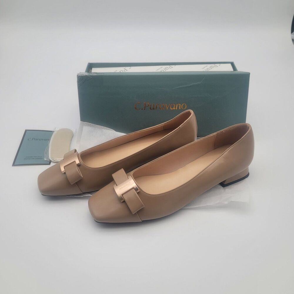 C.Paravano Flats Women Shoes US 10 EUR 40.5 Camel Beige Square Toe Metal Buckles